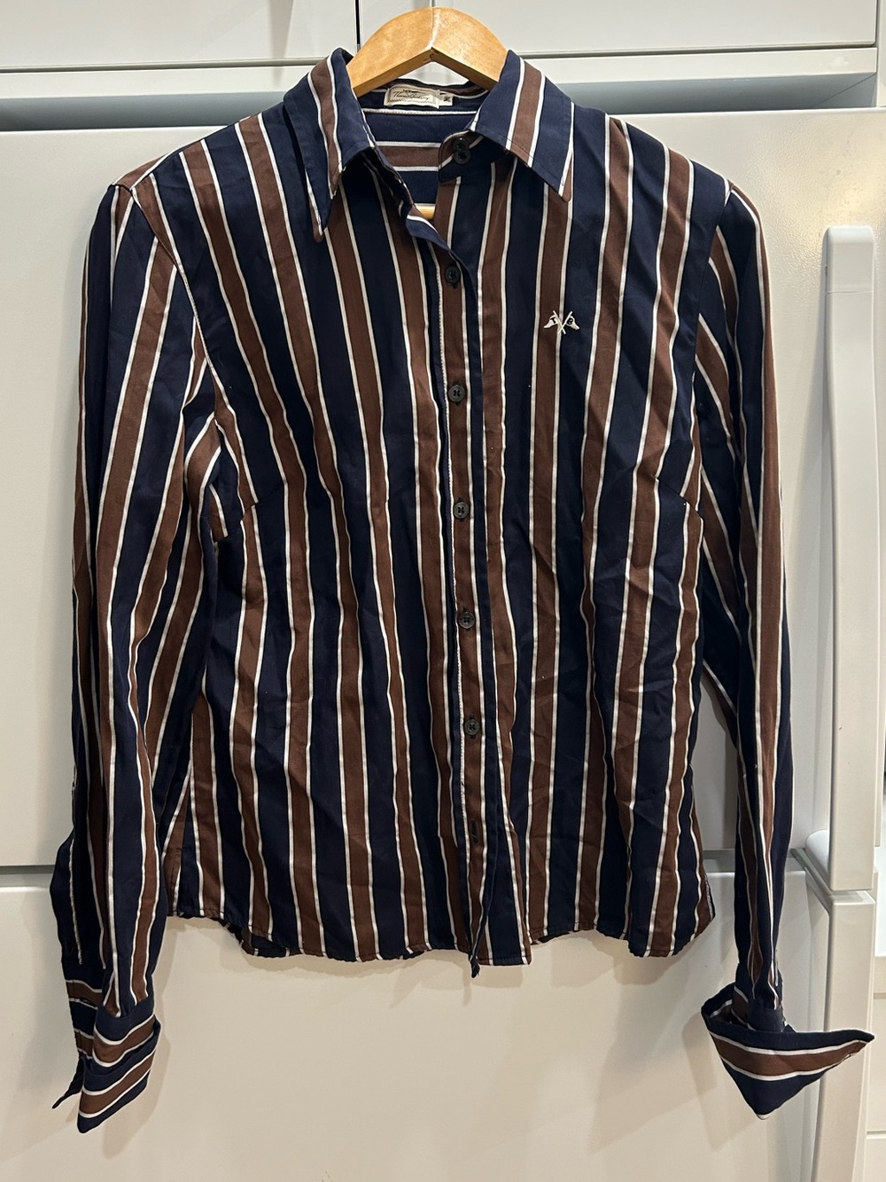 Thomas Burberry Navy and Brown Vertical Stripe Cotton Dress Shirt